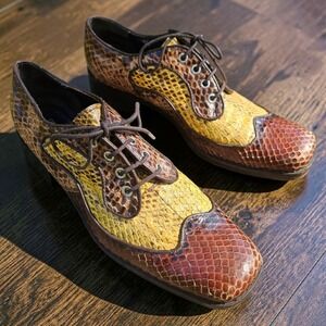 Miu Miu Python Lace Up Oxford EU 39.5 US 9 Brown Yellow Square Toe Derby Leather